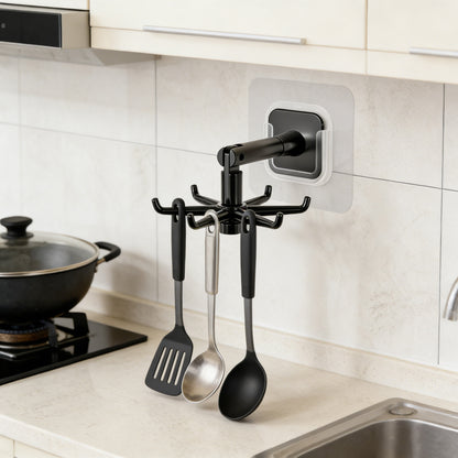 Kitchen and bathroom spoon and spatula wall-mounted rotating hook, no-drill, six-claw wall-mounted clothes hanger hook