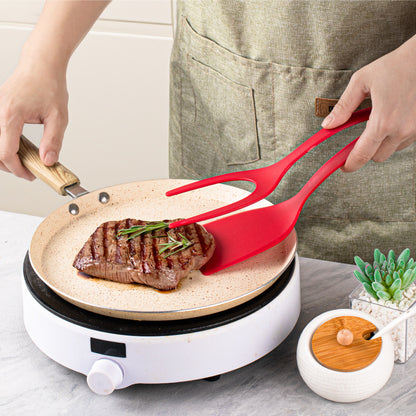 Spare tongs for frying steak, fish, eggs, and steak; spatula and spoon for frying eggs; flipping spatula.