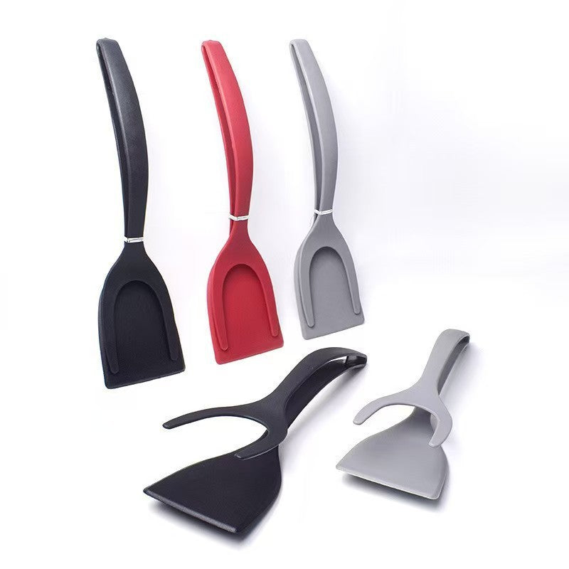 Spare tongs for frying steak, fish, eggs, and steak; spatula and spoon for frying eggs; flipping spatula.