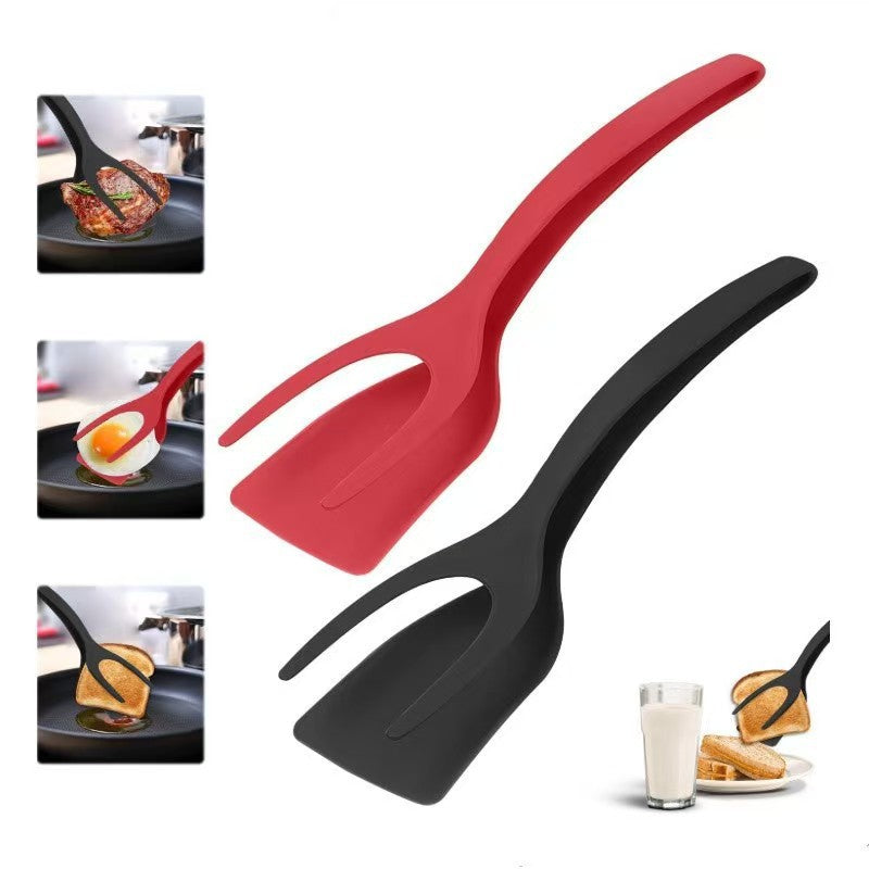 Spare tongs for frying steak, fish, eggs, and steak; spatula and spoon for frying eggs; flipping spatula.