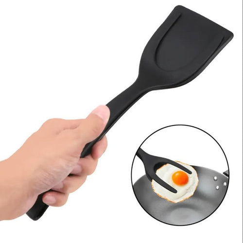 Spare tongs for frying steak, fish, eggs, and steak; spatula and spoon for frying eggs; flipping spatula.